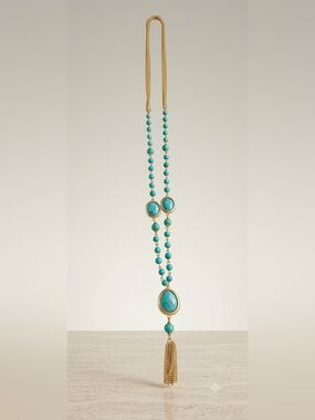 Gold & Turquoise Bead Tassel Long Necklace - Women Jewelry